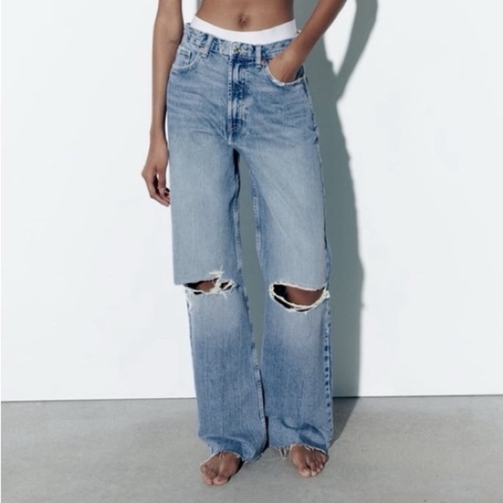 Zara TRF ripped baggy wide leg high rise blue jeans - size 6